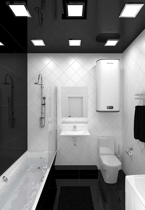 Banheiro preto e branco com porcelanatos