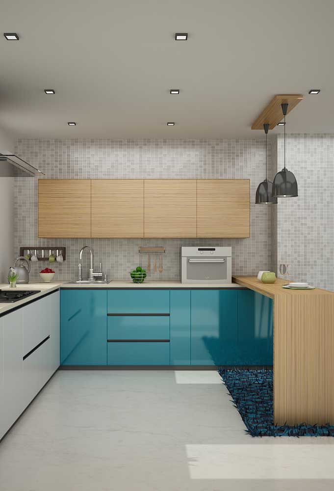 Cozinha azul turquesa e branco