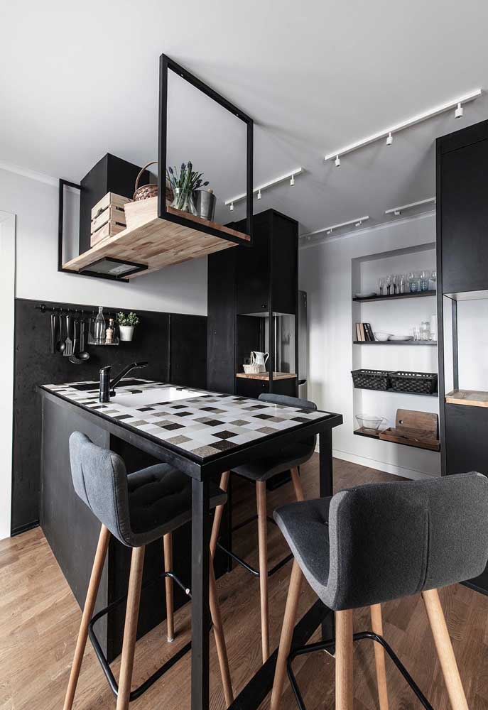 Mais uma ideia de cozinha pequena em P&B para te inspirar nos detalhes