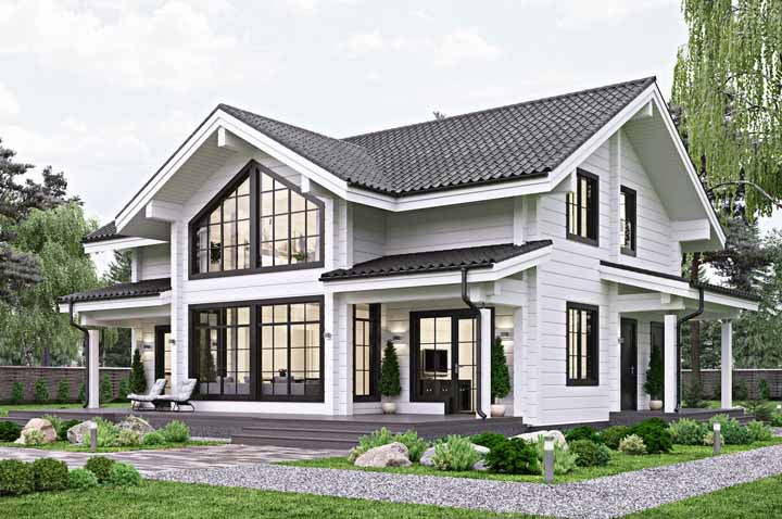 Casa branca com telhado preto: estrutura e cores clássicas para a casa de madeira 