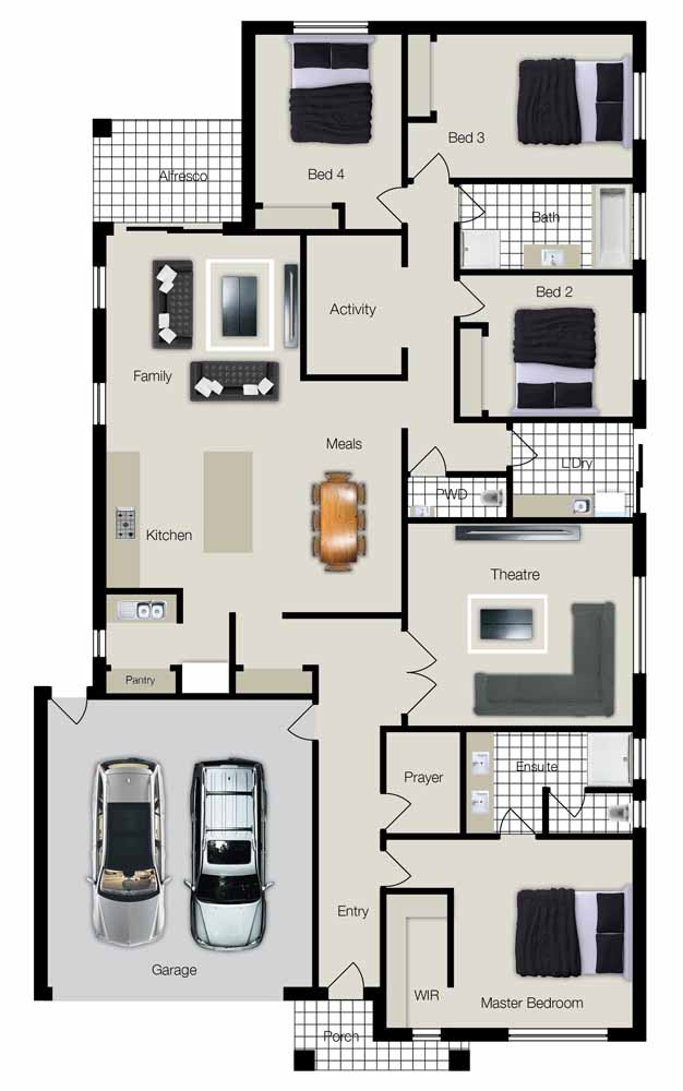 A planta baixa destaca uma casa ampla com quatro quartos e ambientes integrados