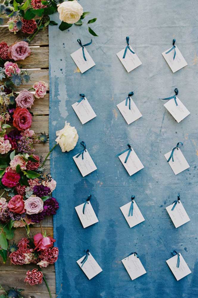 Mural de recados com fundo azul emoldurado por flores rosas e roxas