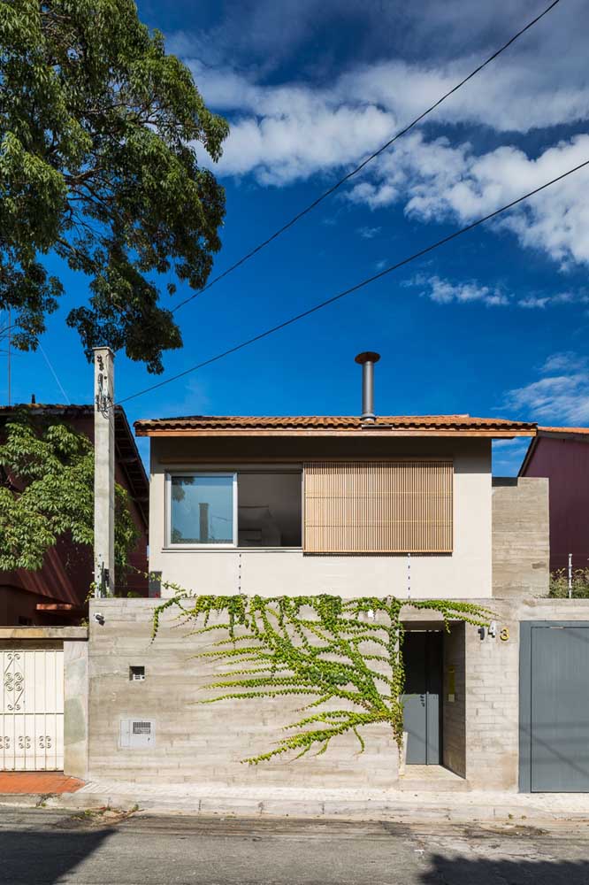 Nessa casa simples, o destaque fica por conta da planta trepadeira colorindo de verde o muro
