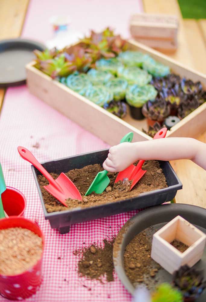 Agora é hora de fazer as crianças colocarem a mão na massa. Para isso, separe bastante terra, vasos, plantas e pá.