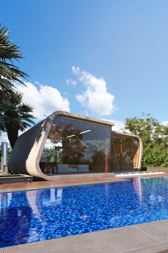 Modelo contemporâneo e criativo de edícula com piscina 