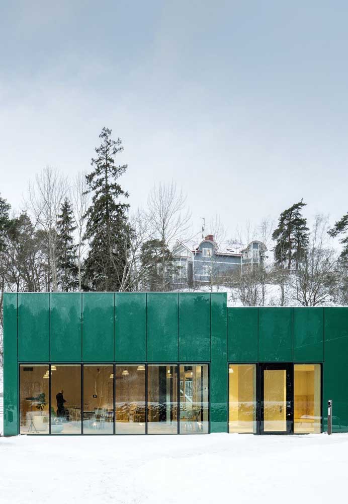 A brancura da neve foi lindamente contrastada com os painéis azuis que cobrem a frente da casa