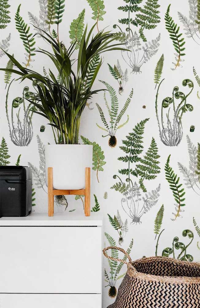 Olha outra linda inspiração de ambiente decorado com papel de parede de samambaia