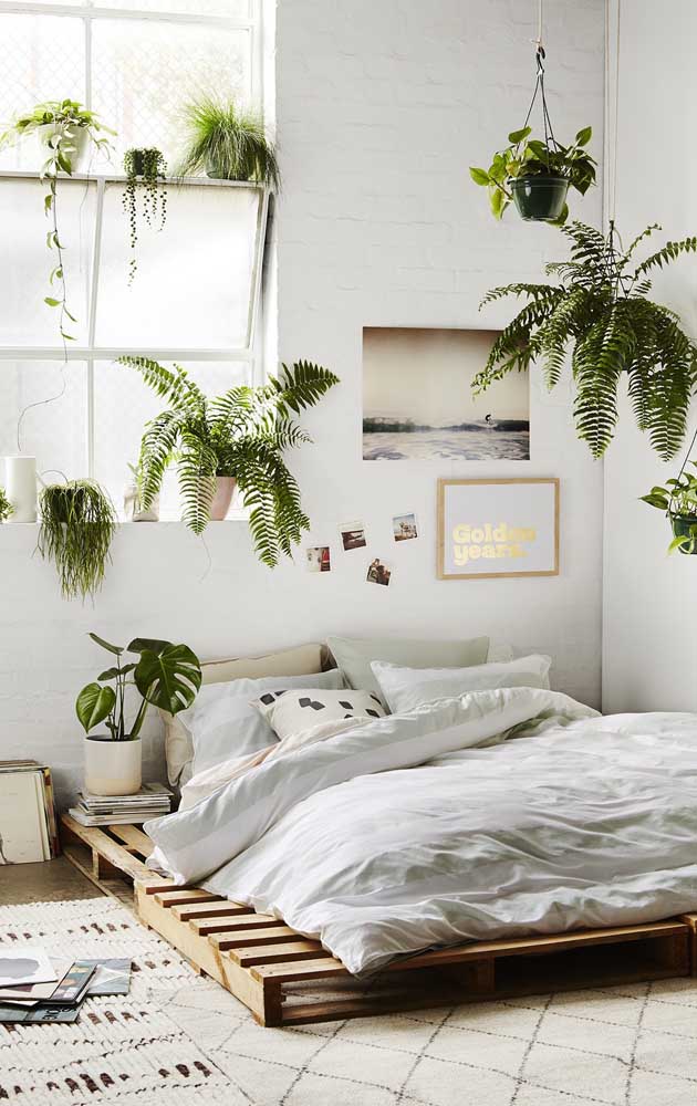 E que tal esse quarto de estilo boho todo decorado com samambaias? Um espetáculo!