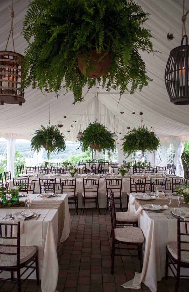 Decoração de casamento toda feita com vasos suspensos de samambaia, contrastando com o branco do ambiente