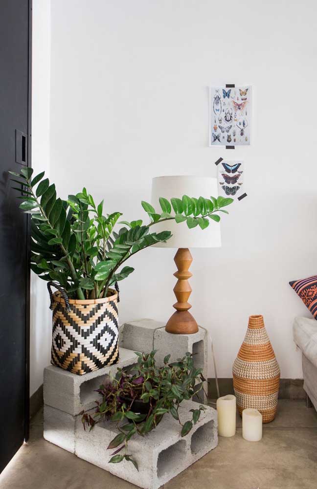 O quarto moderno e de decoração despojada trouxe um vaso grande de zamioculcas destacado dentro do cachepô étnico 