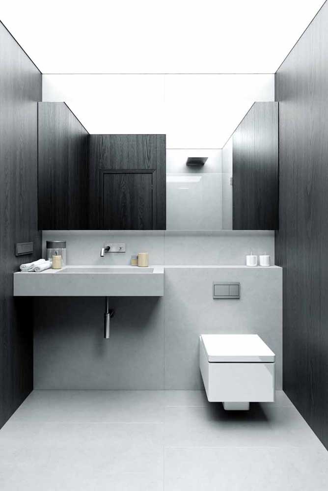 Mas a cor cinza ainda domina na decoração do banheiro masculino por ser uma cor bem sóbria.