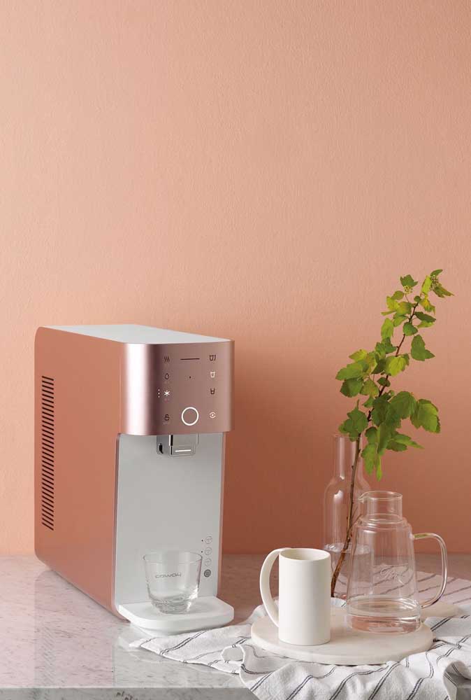 Uma máquina de café, um jarro com planta e muita paz para degustar um bom café.