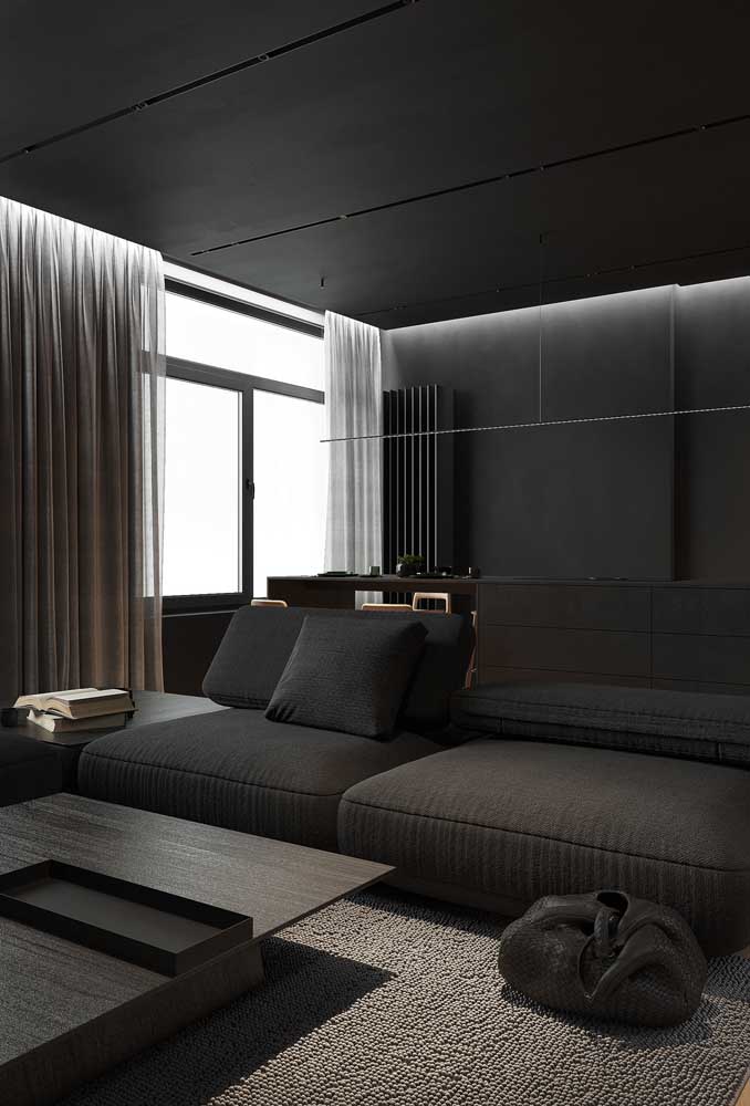 Sofisticado, o sofá sem braço preto combina com salas modernas e elegantes