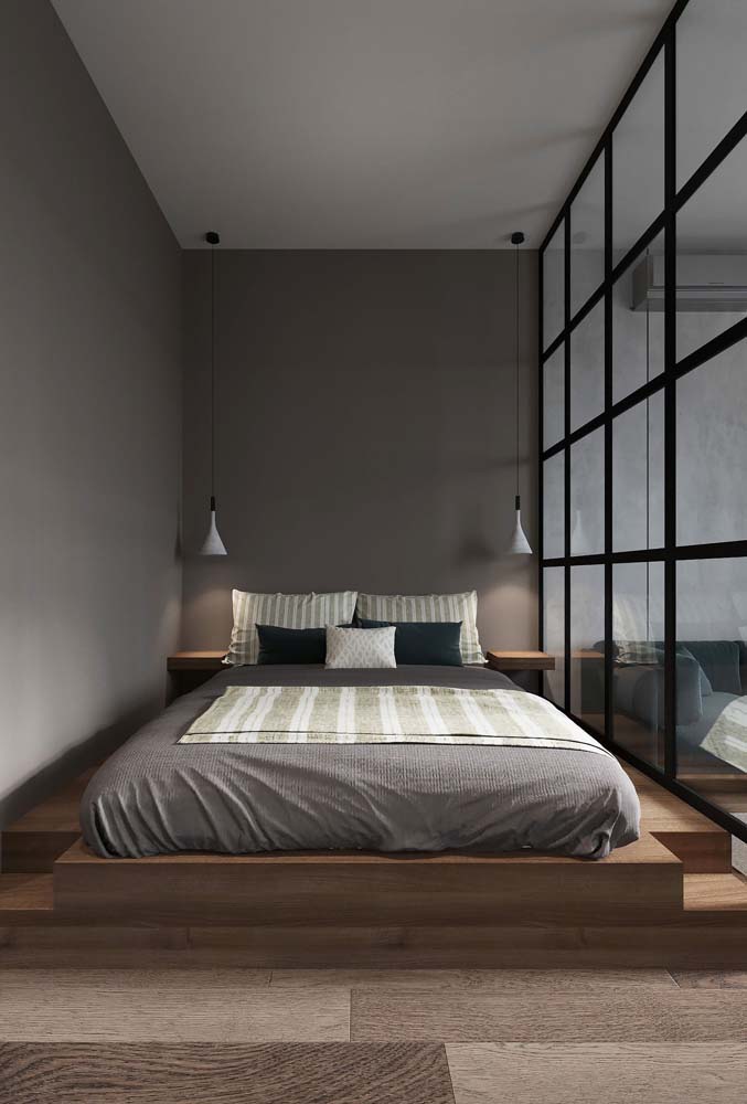 Quarto de solteiro pequeno simples com cama japonesa e décor minimalista