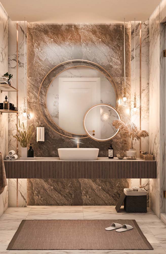 Porcelanato marmorizado marrom: um toque mais rústico e aconchegante para o banheiro